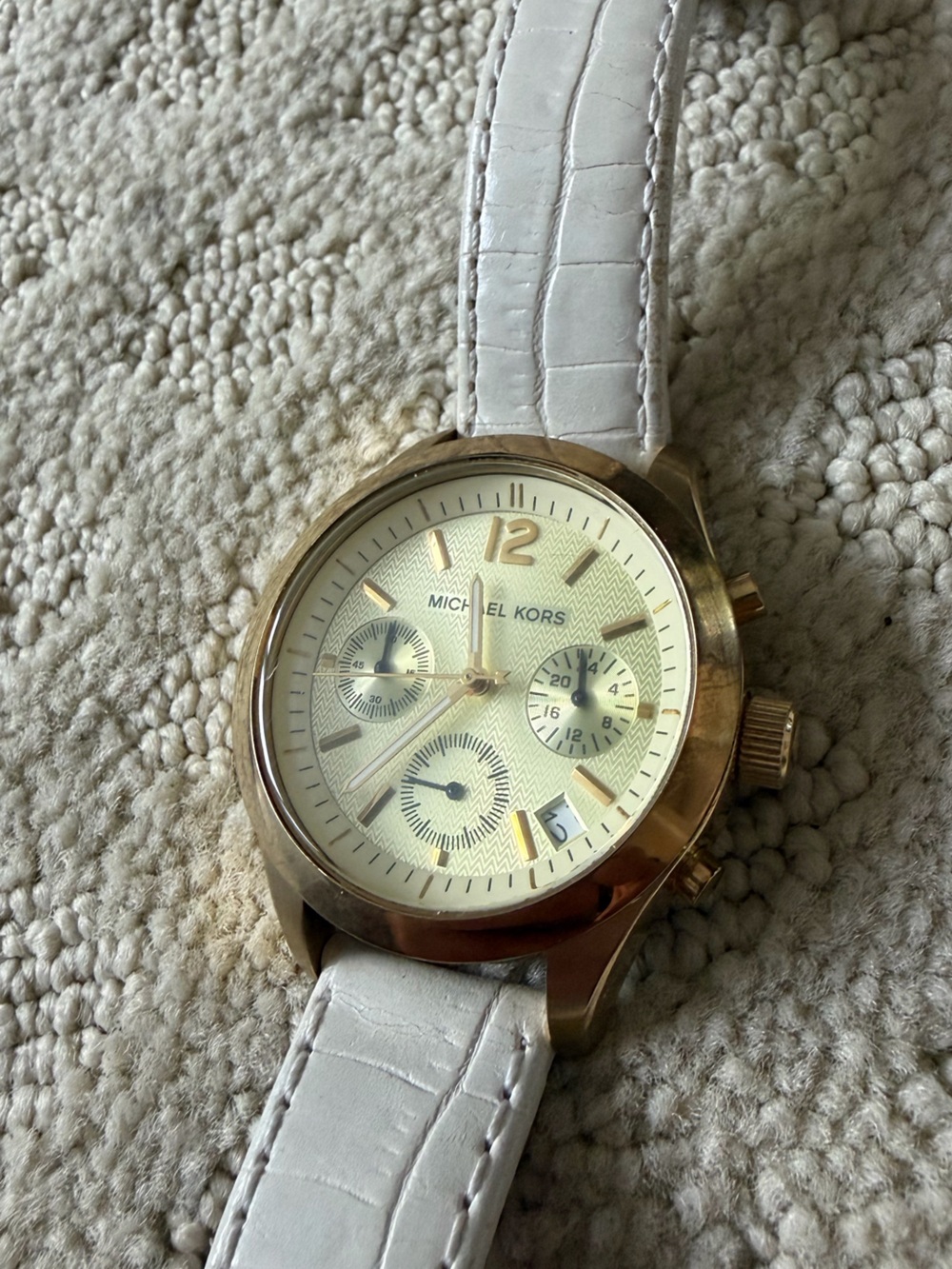 Michael Kors Gold-Tone Chronograph Watch with White Leather Strap